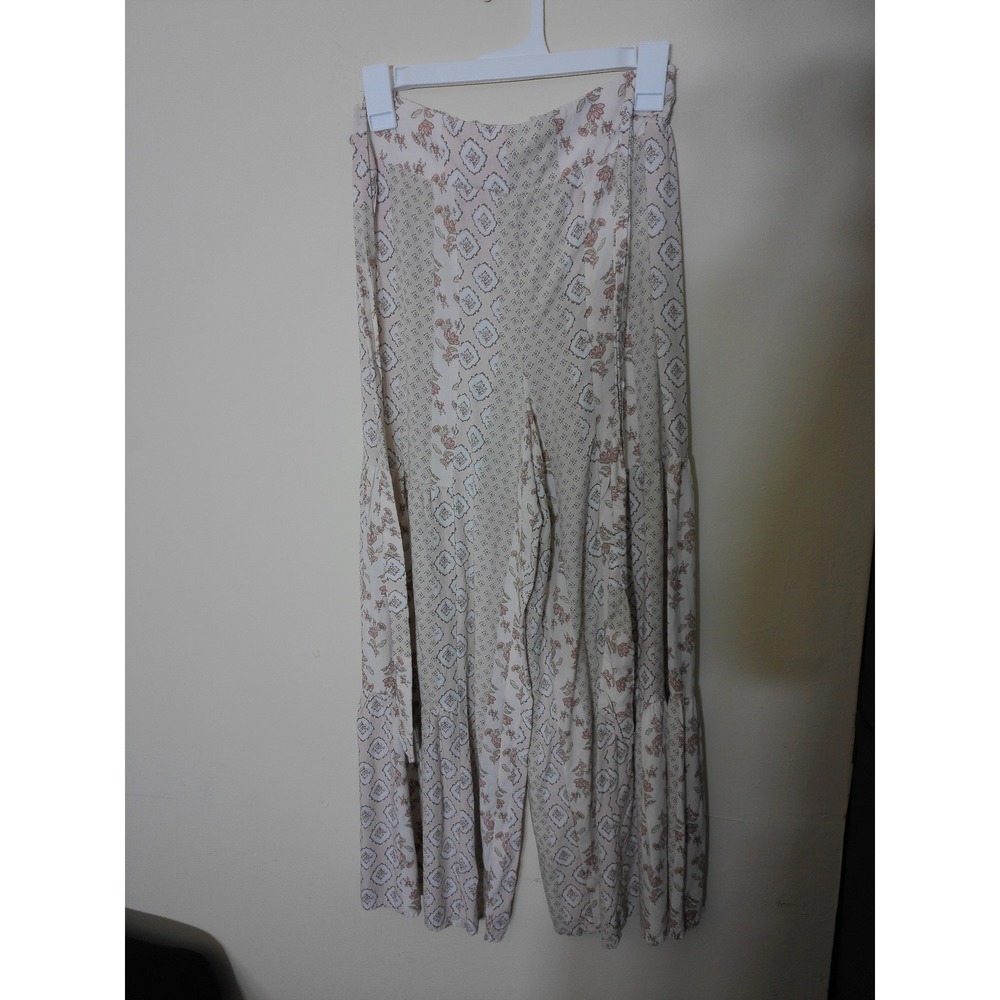 SHEIN Wide Leg Pants Women Small Beige Pink Boho Floral Tiered Flowy Mixed Print